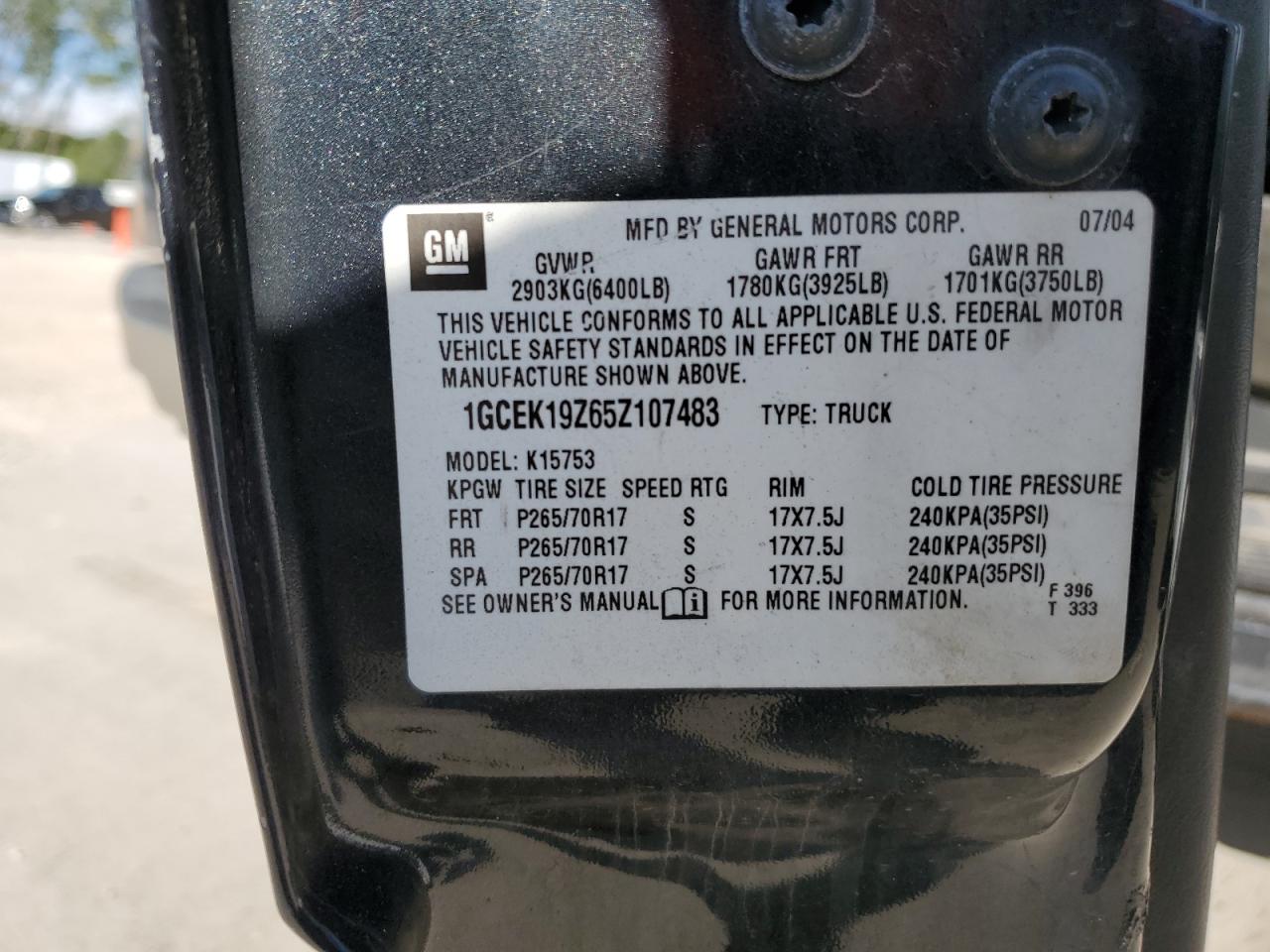 2005 Chevrolet Silverado K1500 VIN: 1GCEK19Z65Z107483 Lot: 83836615