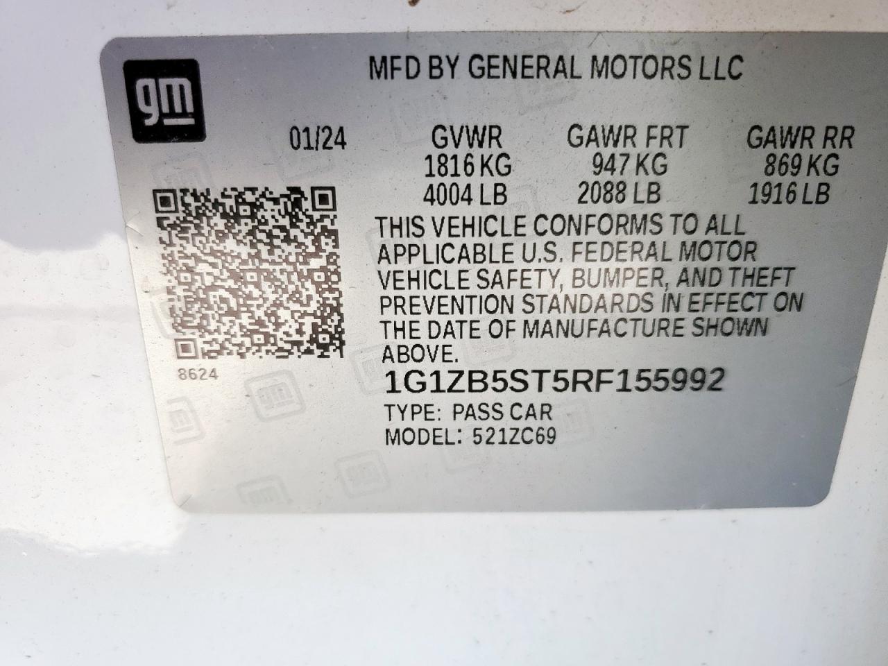 2024 Chevrolet Malibu Ls VIN: 1G1ZB5ST5RF155992 Lot: 86260645