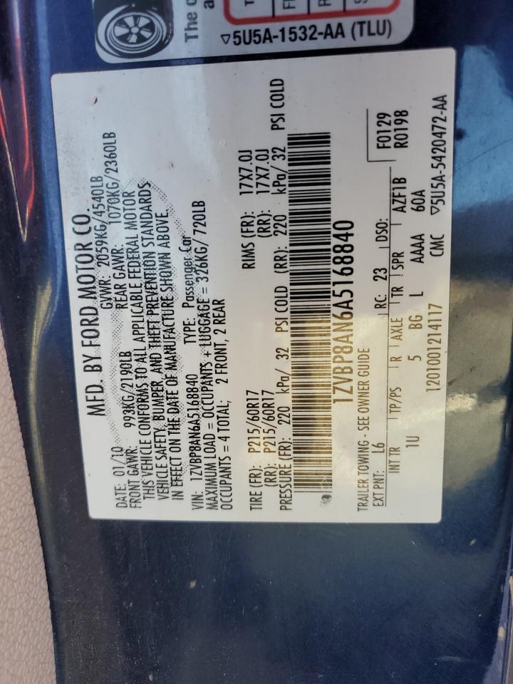2010 Ford Mustang VIN: 1ZVBP8AN6A5168840 Lot: 84063965