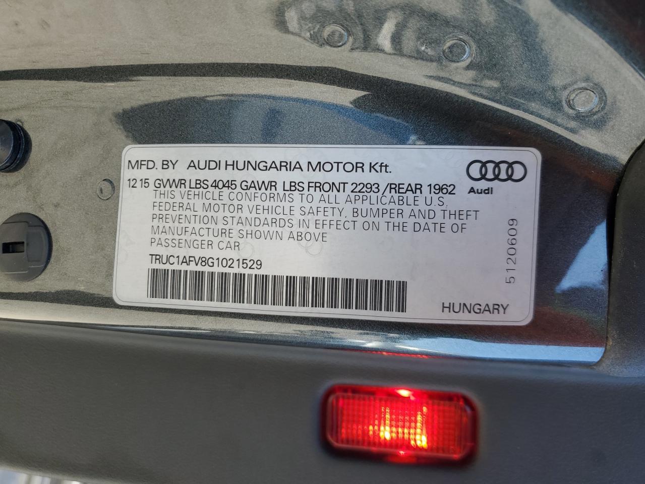 2016 Audi Tts VIN: TRUC1AFV8G1021529 Lot: 86514785