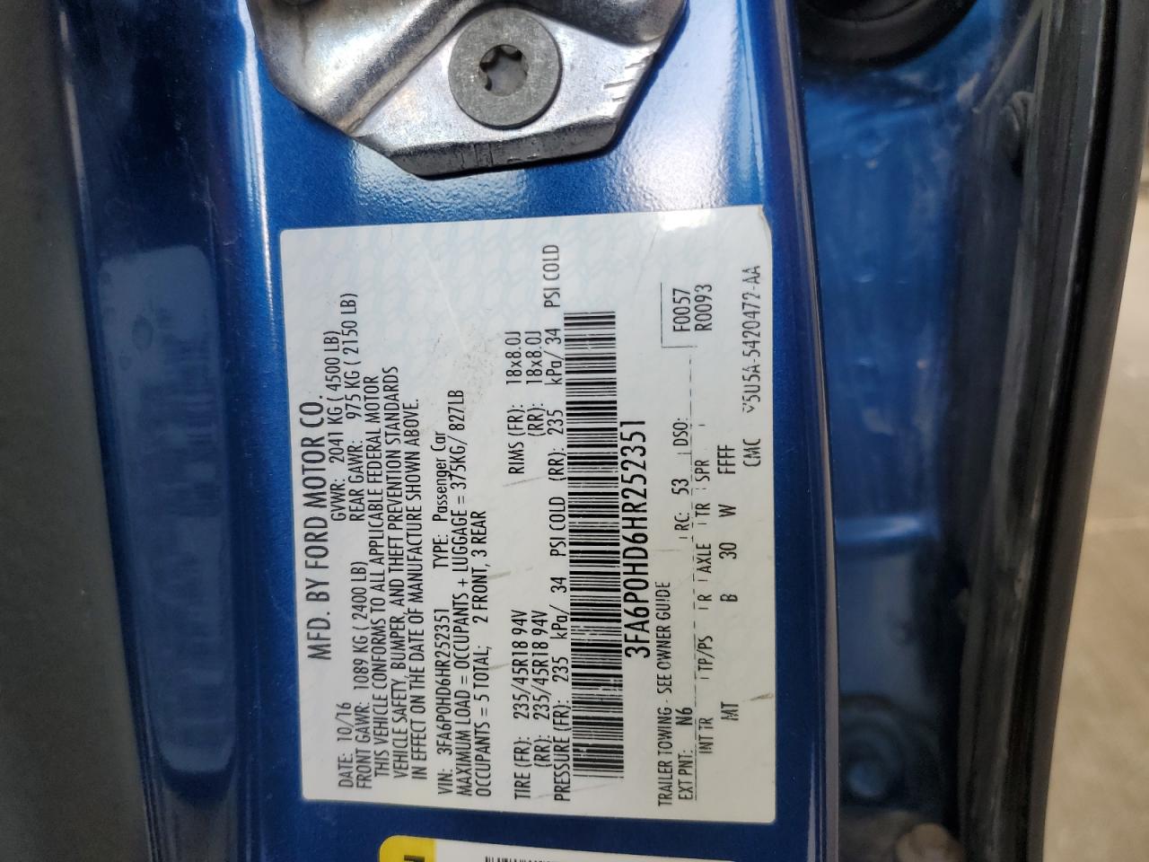 2017 Ford Fusion Se VIN: 3FA6P0HD6HR252351 Lot: 85095115