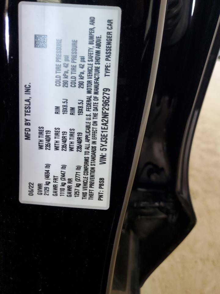 2022 Tesla Model 3 VIN: 5YJ3E1EA2NF296279 Lot: 81843905