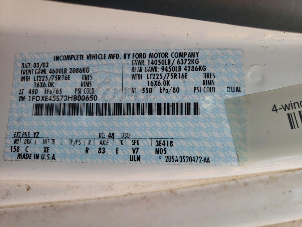 2003 Ford Econoline E450 Super Duty Cutaway Van VIN: 1FDXE45S73HB00650 Lot: 86468645