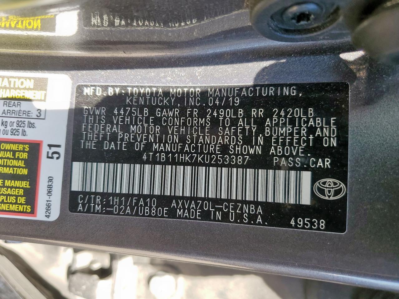 2019 Toyota Camry L VIN: 4T1B11HK7KU253387 Lot: 85500485