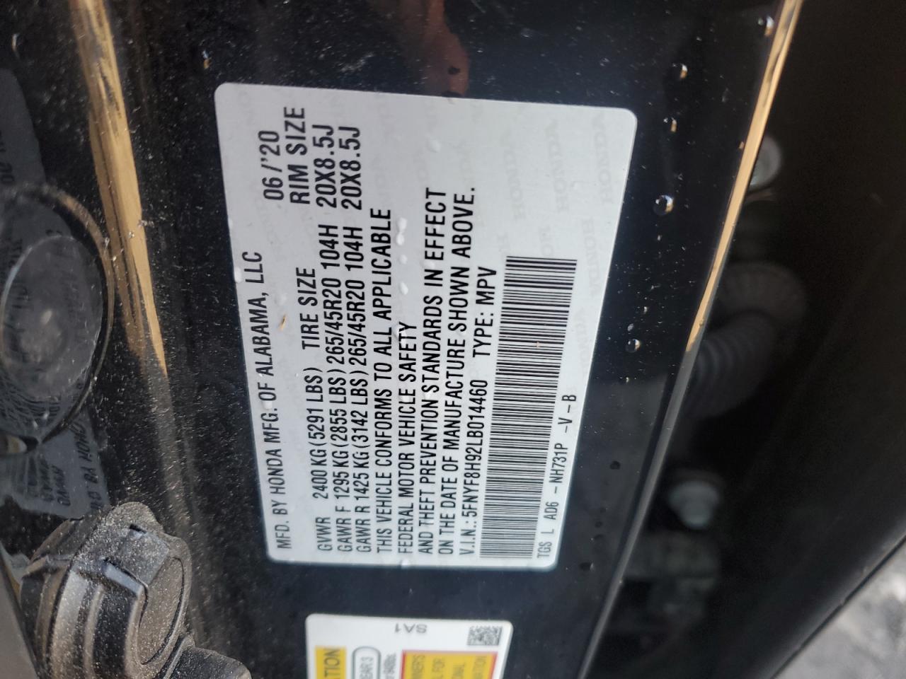2020 Honda Passport Touring VIN: 5FNYF8H92LB014460 Lot: 85692135