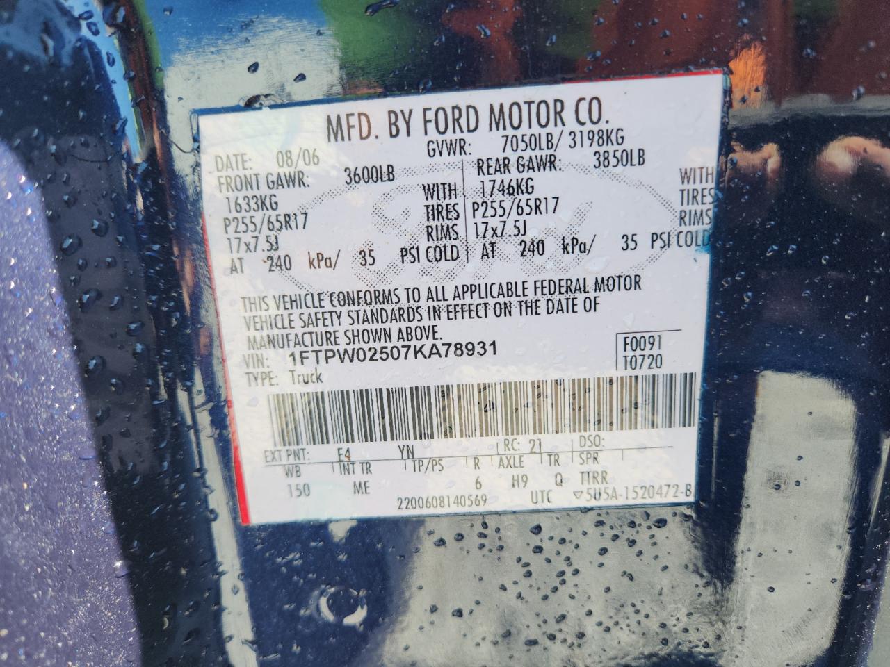 2007 Ford F150 Supercrew VIN: 1FTPW02507KA78931 Lot: 84786875