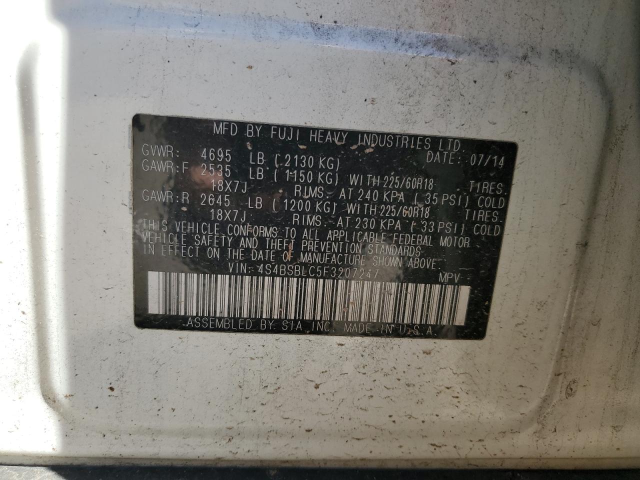 2015 Subaru Outback 2.5I Limited VIN: 4S4BSBLC5F3207247 Lot: 82224225