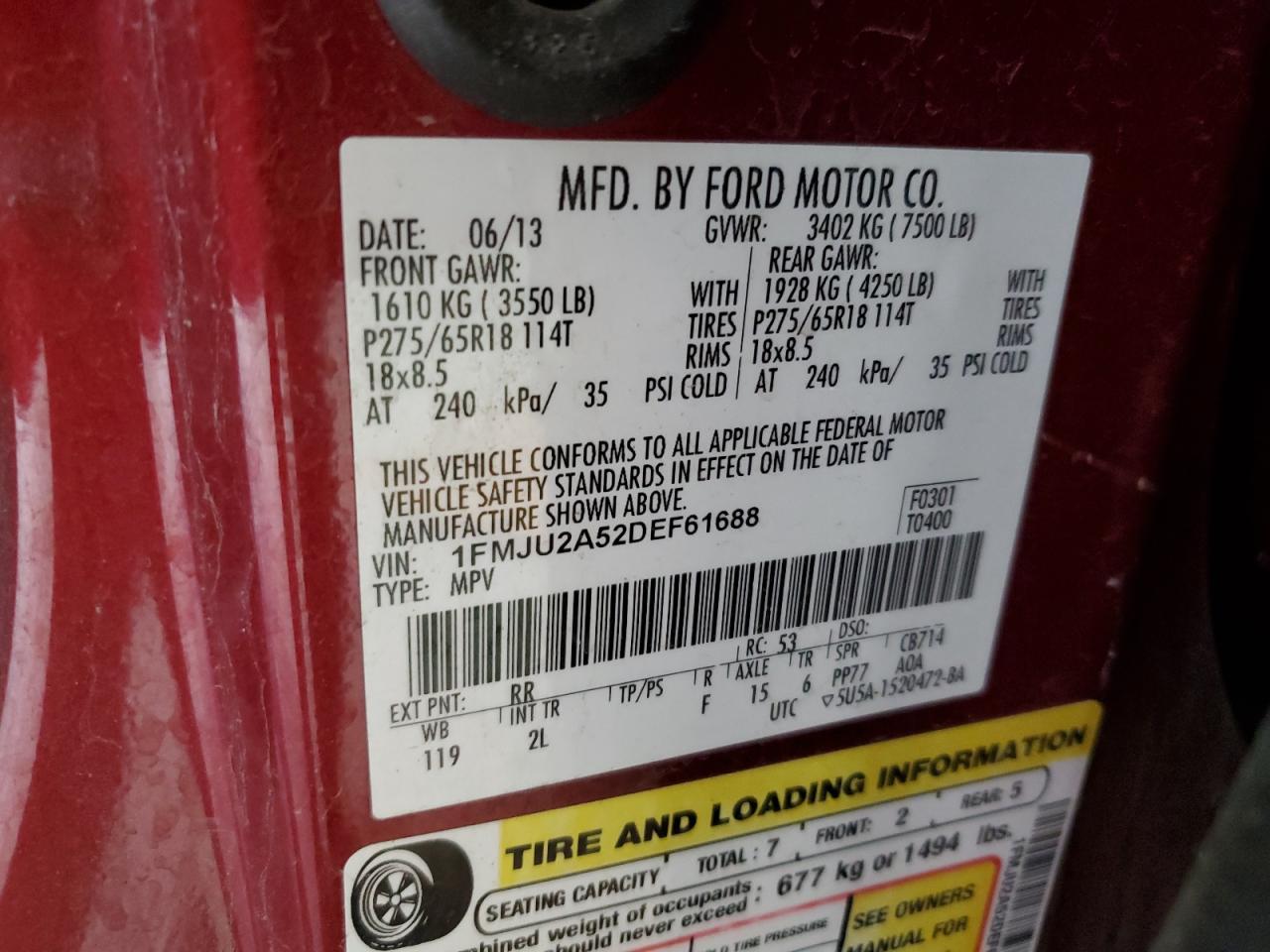 2013 Ford Expedition Limited VIN: 1FMJU2A52DEF61688 Lot: 86255265