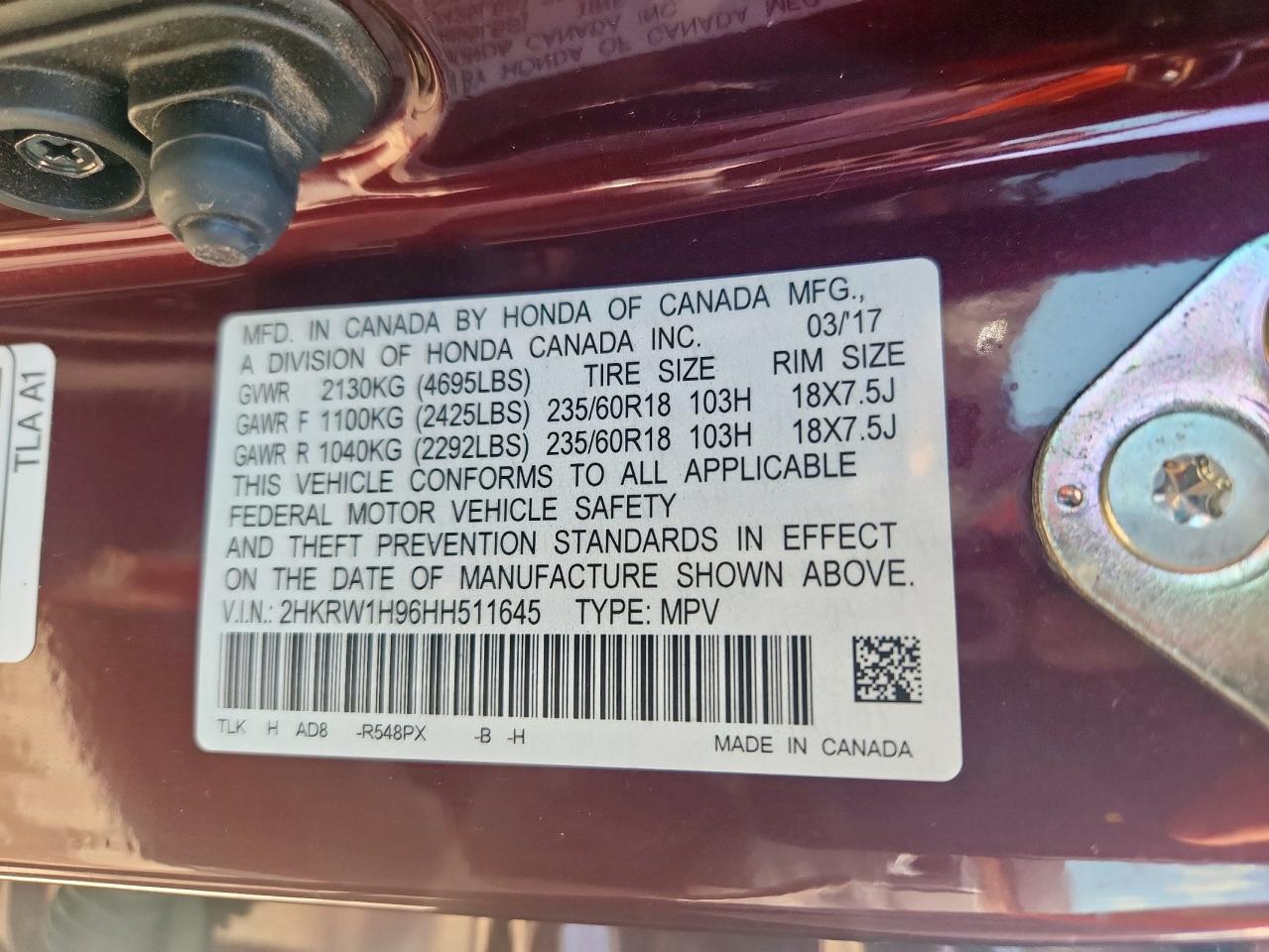 2017 Honda Cr-V Touring VIN: 2HKRW1H96HH511645 Lot: 84829395