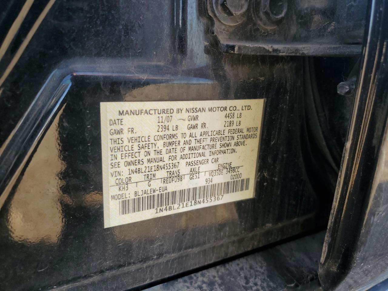 2008 Nissan Altima 3.5Se VIN: 1N4BL21E18N455367 Lot: 84936905