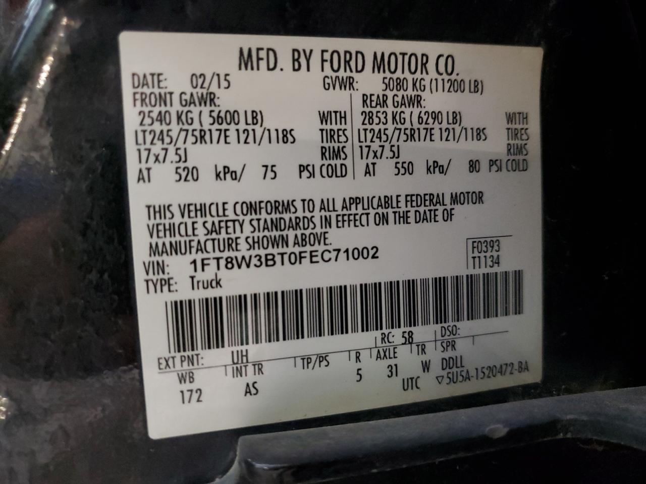 2015 Ford F350 Super Duty VIN: 1FT8W3BT0FEC71002 Lot: 85917885