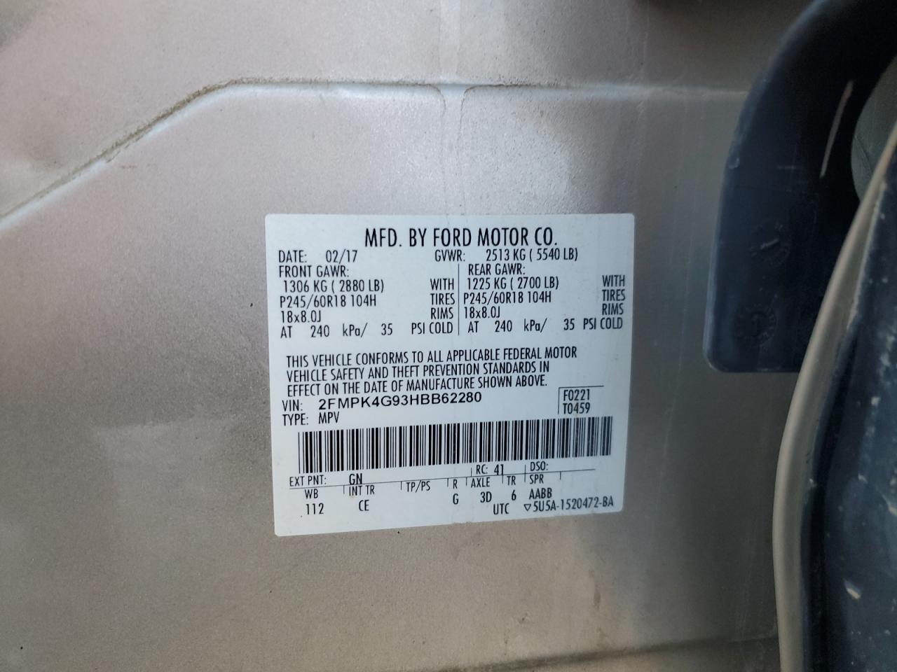 2017 Ford Edge Se VIN: 2FMPK4G93HBB62280 Lot: 85674915