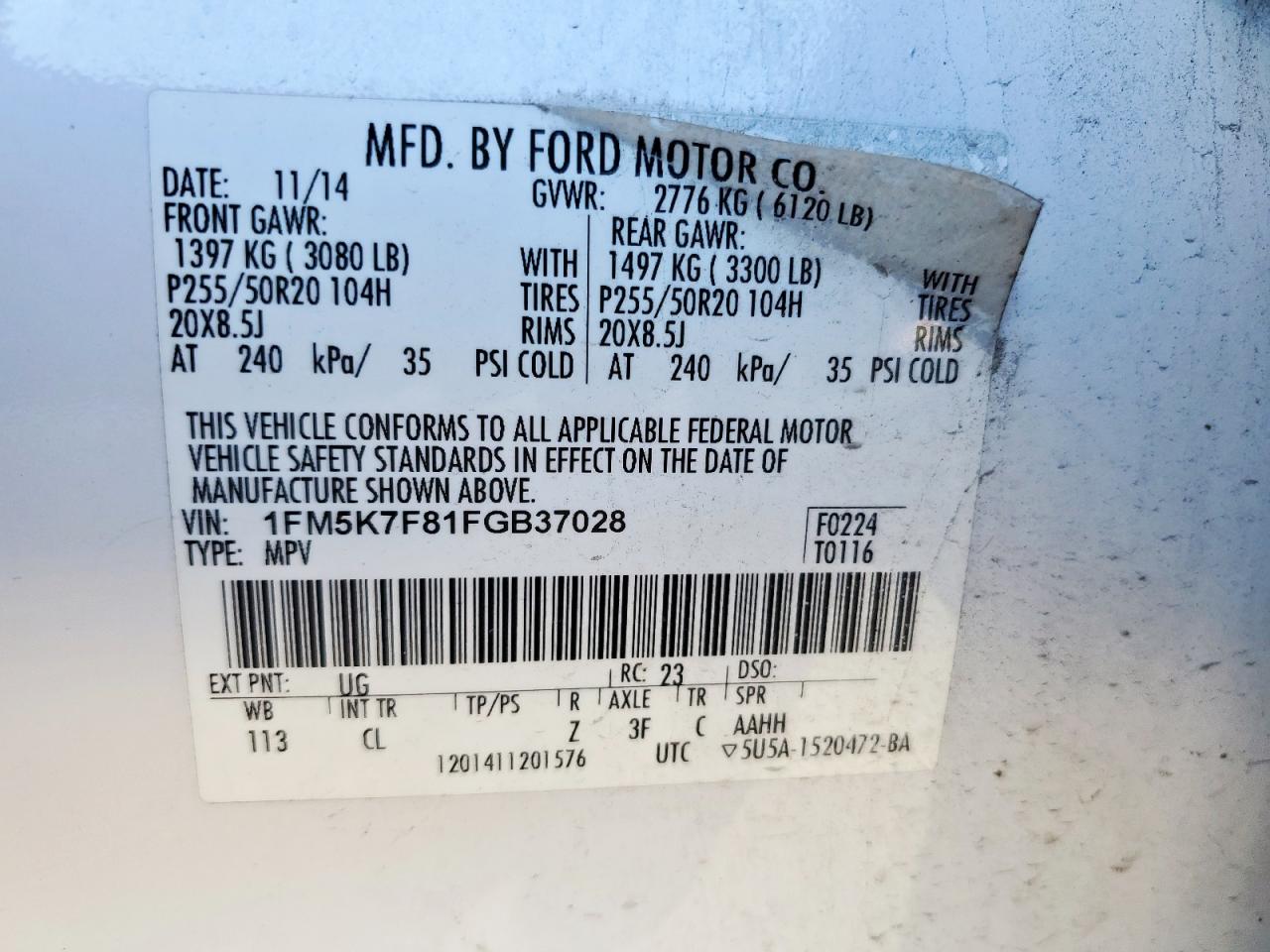 2015 Ford Explorer Limited VIN: 1FM5K7F81FGB37028 Lot: 82201845