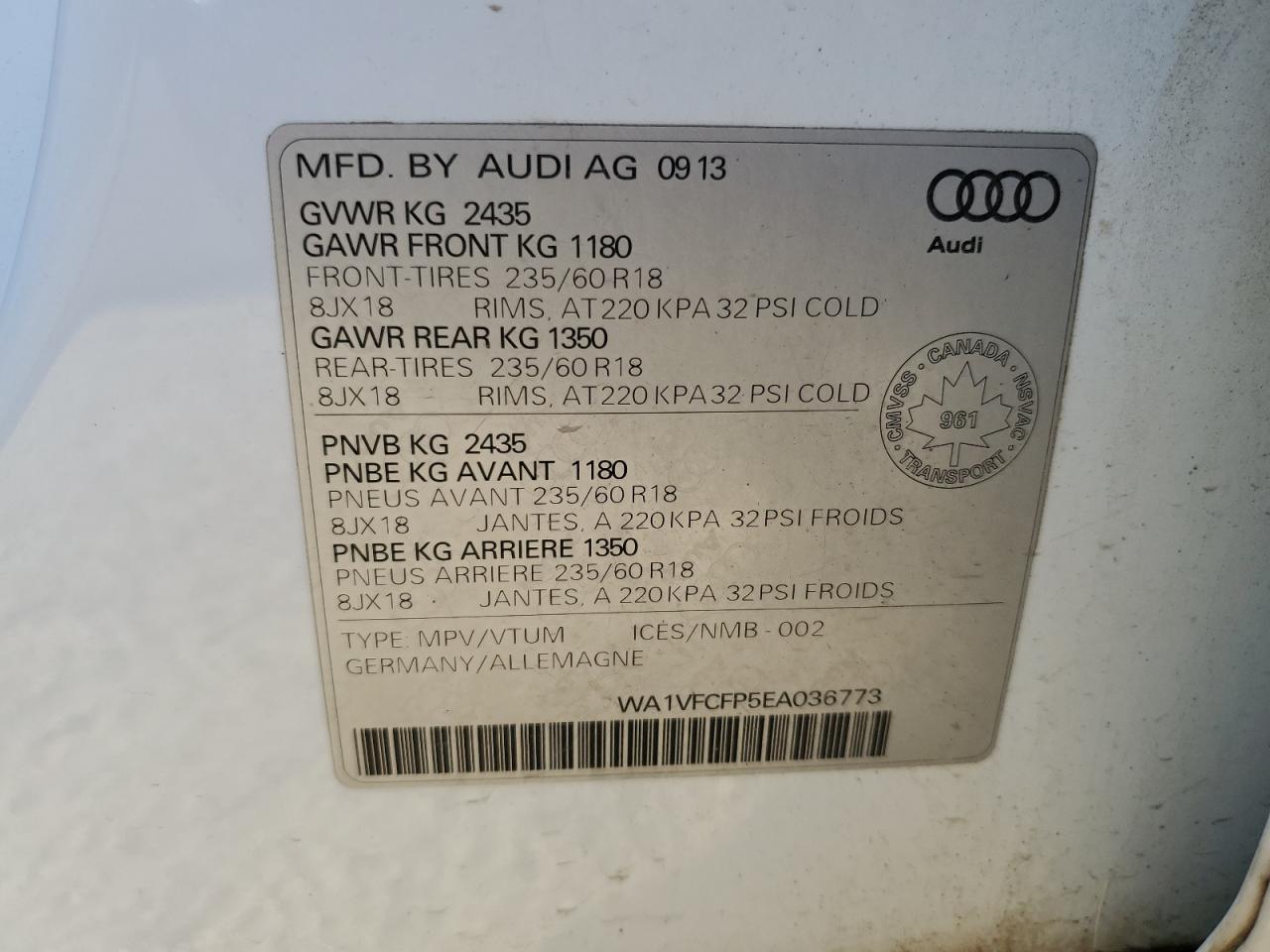 2014 Audi Q5 Prestige VIN: WA1VFCFP5EA036773 Lot: 84650425