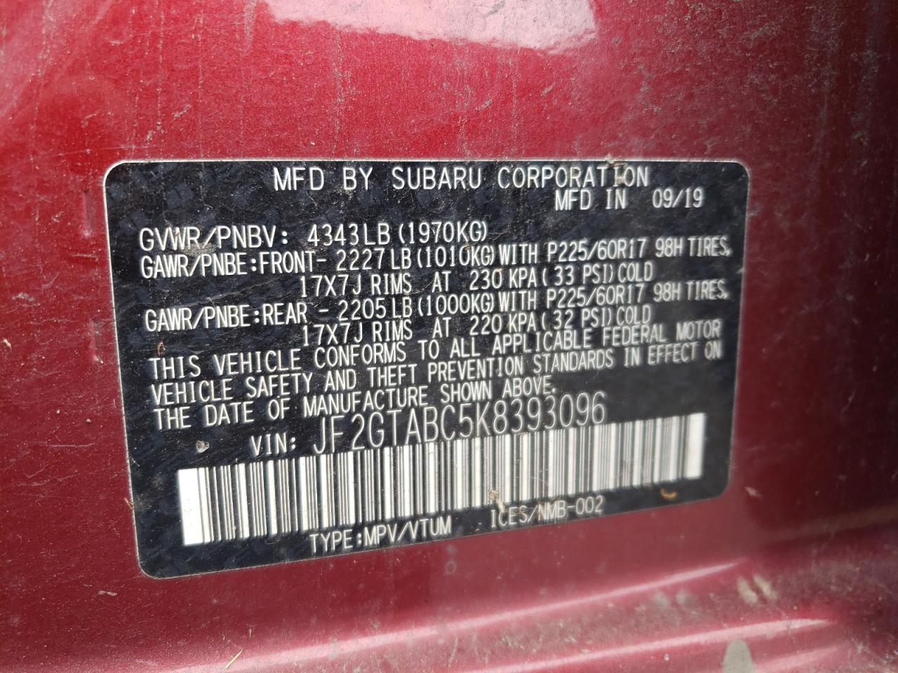 2019 Subaru Crosstrek VIN: JF2GTABC5K8393096 Lot: 86188765