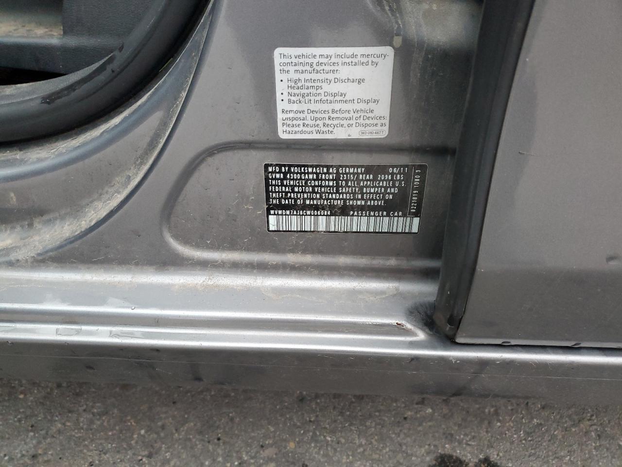 2012 Volkswagen Golf VIN: WVWDM7AJ6CW006084 Lot: 90253785