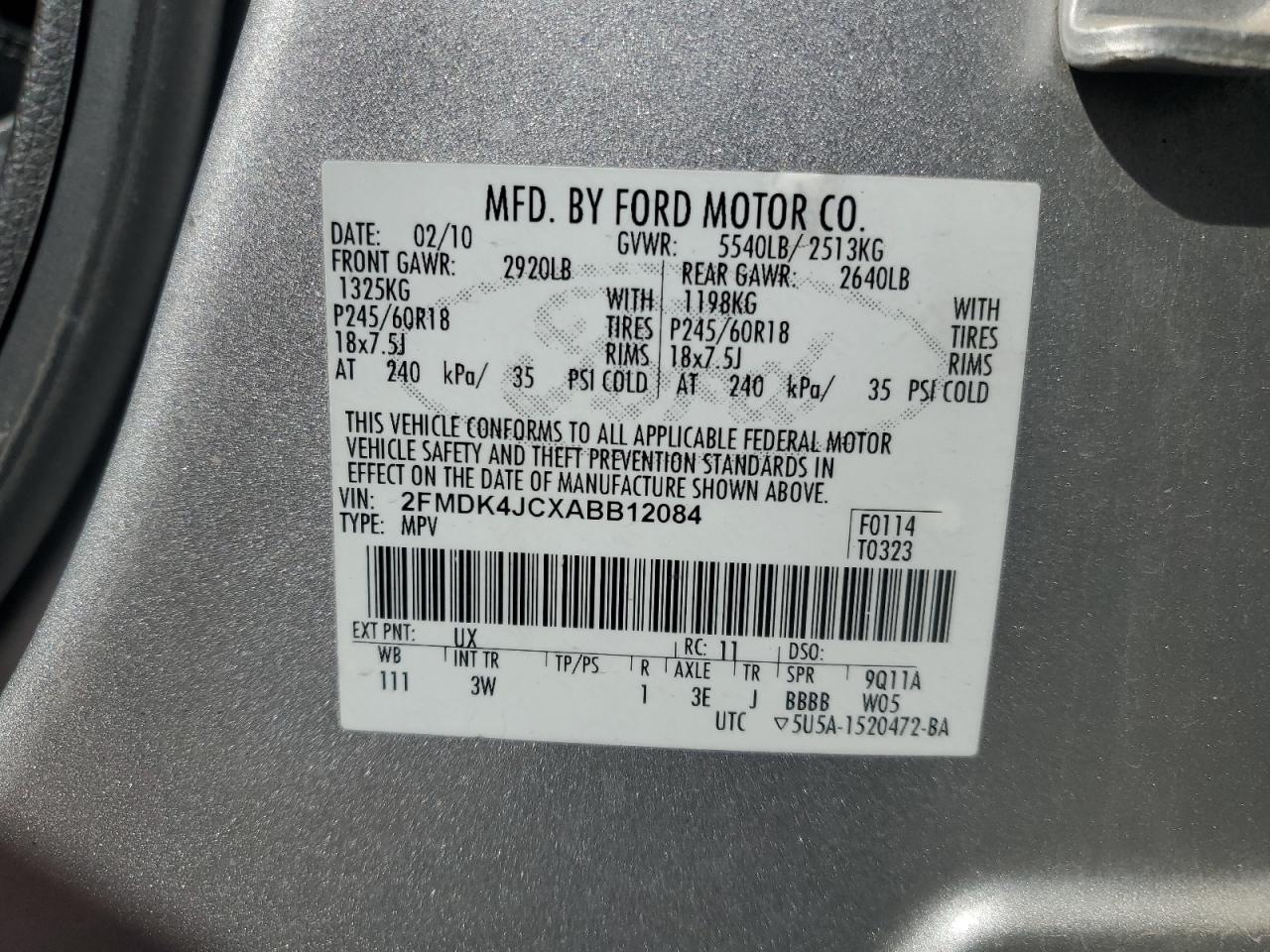 2010 Ford Edge Sel VIN: 2FMDK4JCXABB12084 Lot: 87391455