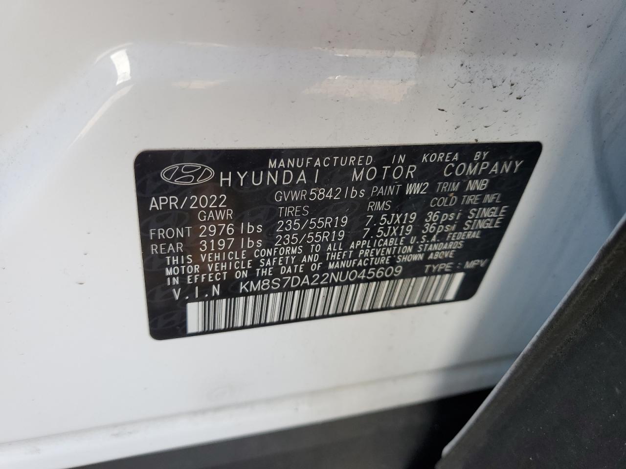 2022 Hyundai Santa Fe Limited VIN: KM8S7DA22NU045609 Lot: 84923535