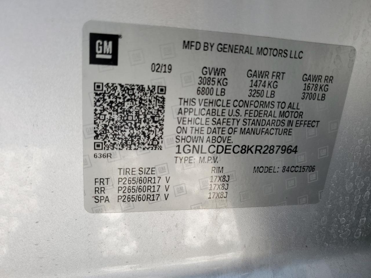 2019 Chevrolet Tahoe Police VIN: 1GNLCDEC8KR287964 Lot: 84623635