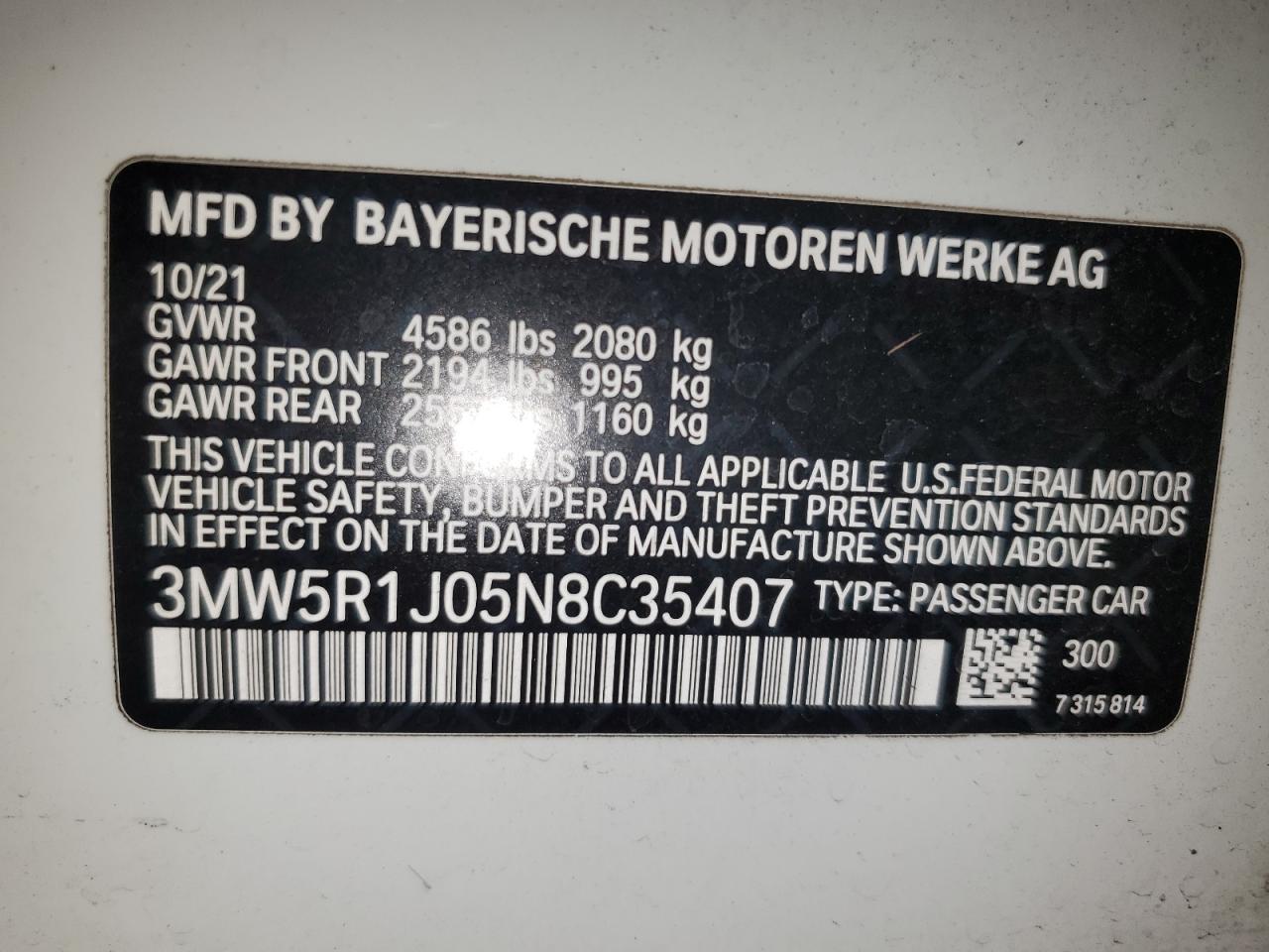 2022 BMW 330I VIN: C35407 Lot: 85949915