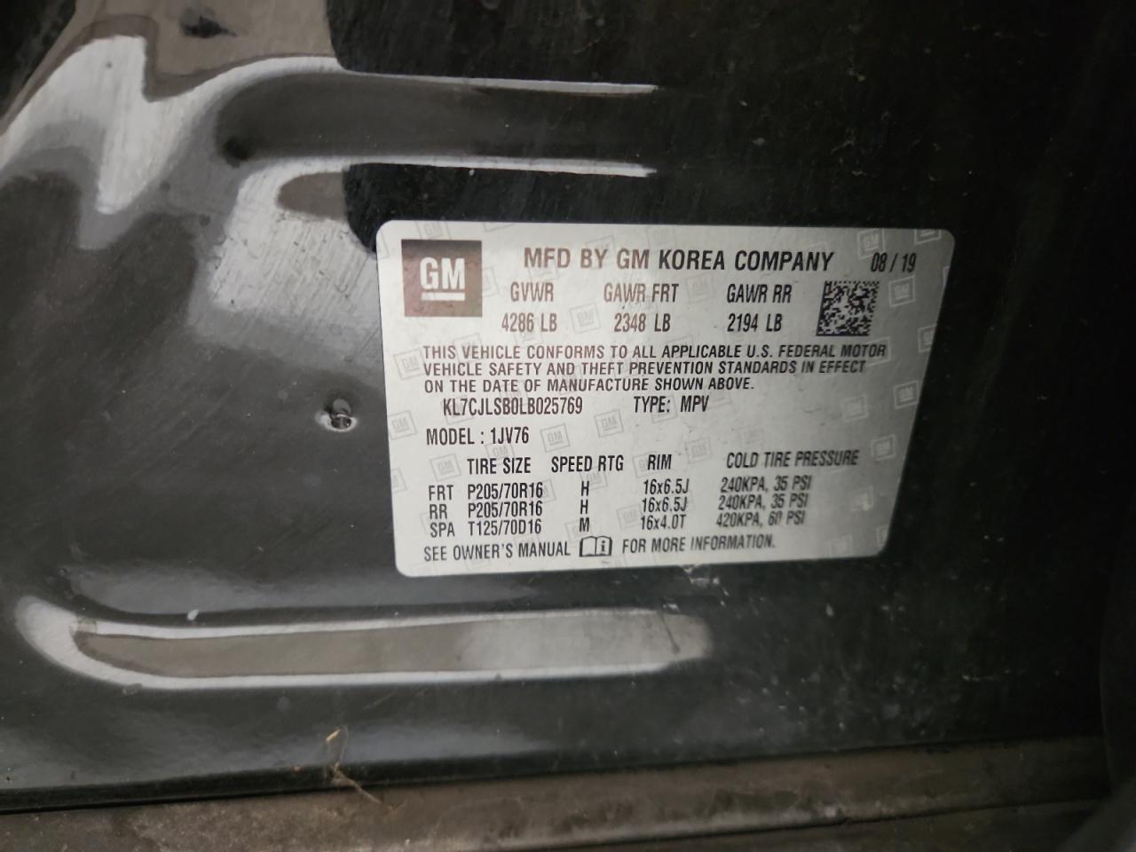 2020 Chevrolet Trax 1Lt VIN: KL7CJLSB0LB025769 Lot: 87468835