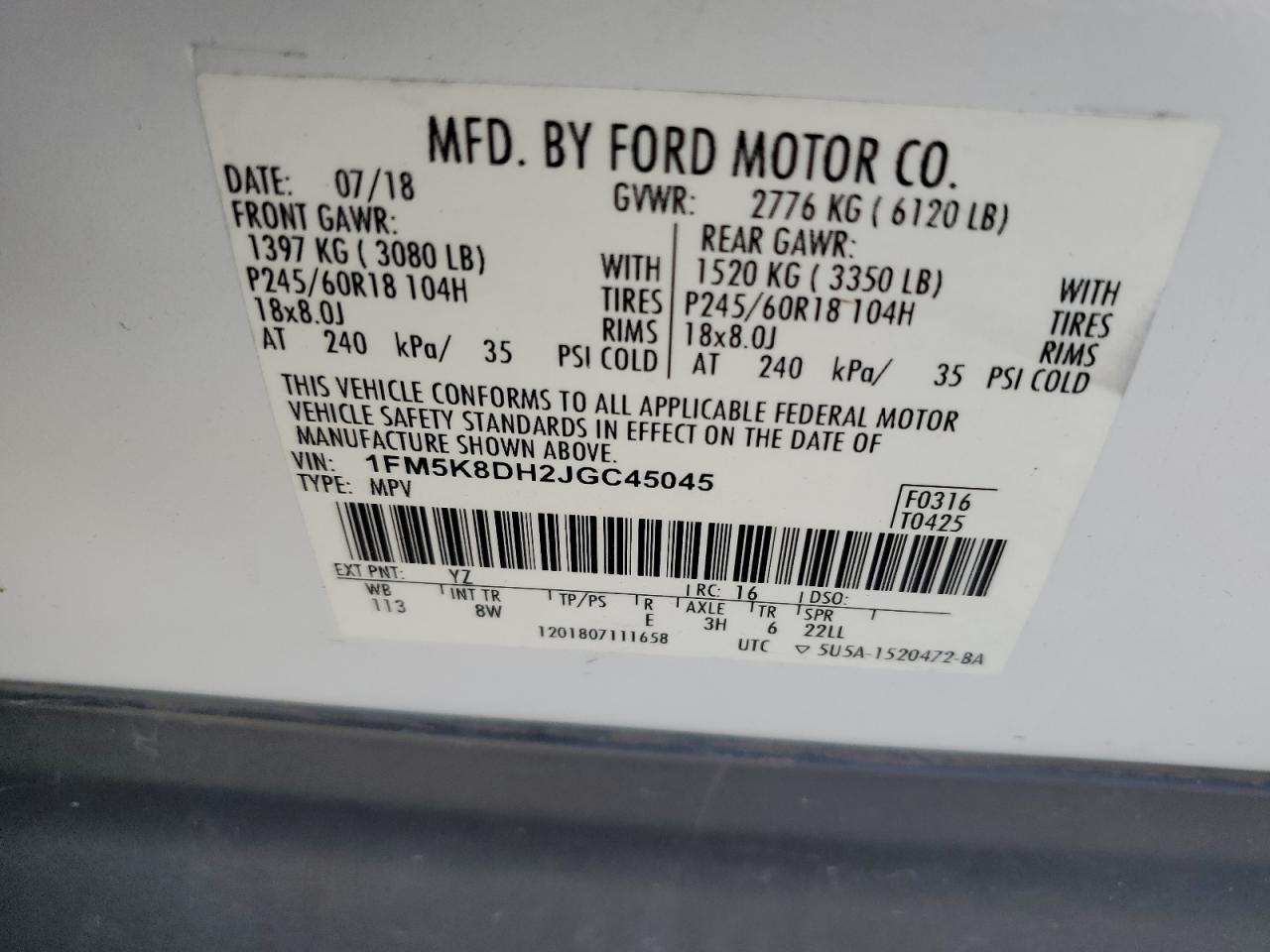 2018 Ford Explorer Xlt VIN: 1FM5K8DH2JGC45045 Lot: 82443785