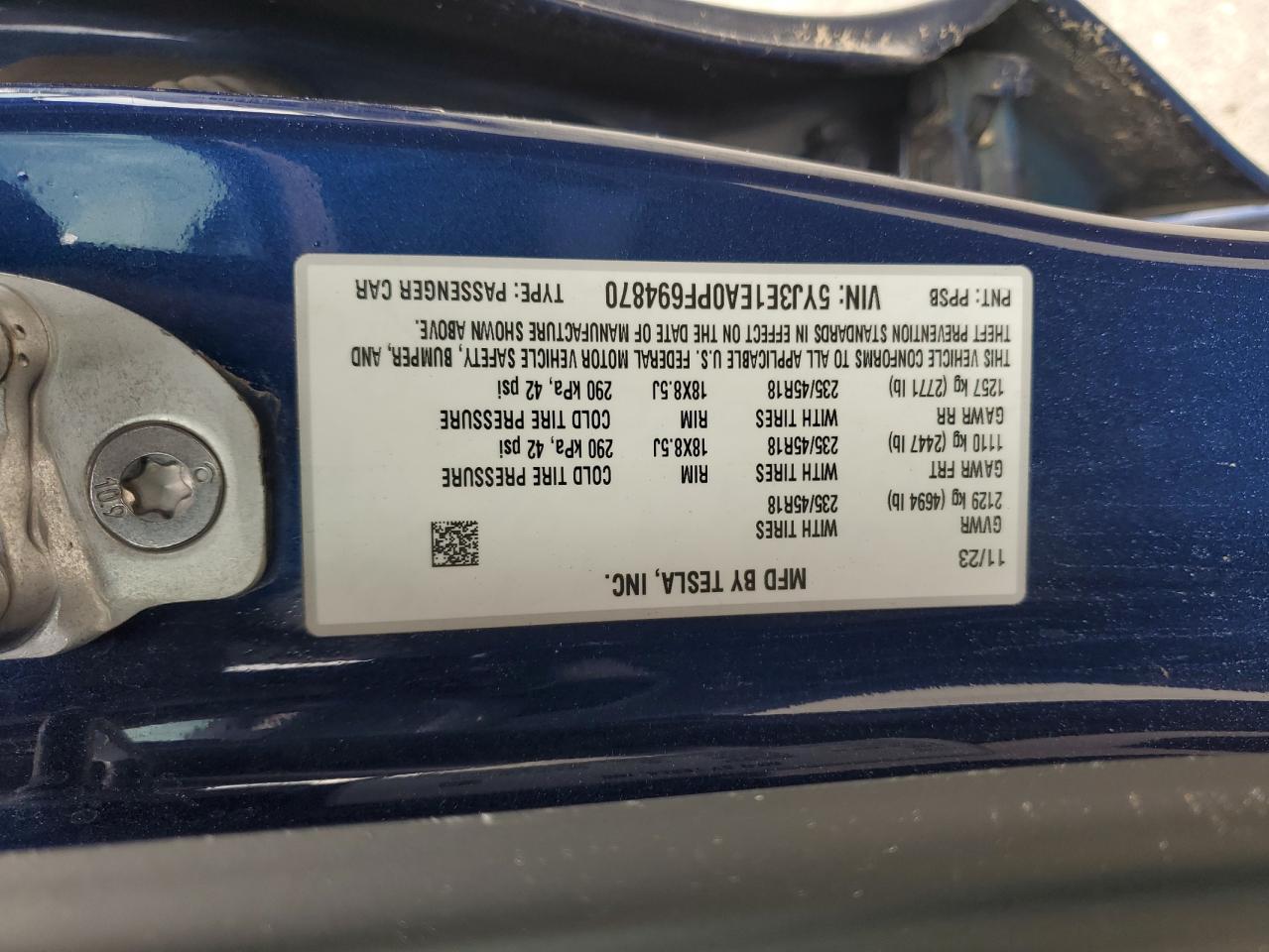 2023 Tesla Model 3 VIN: 5YJ3E1EA0PF694870 Lot: 85351185