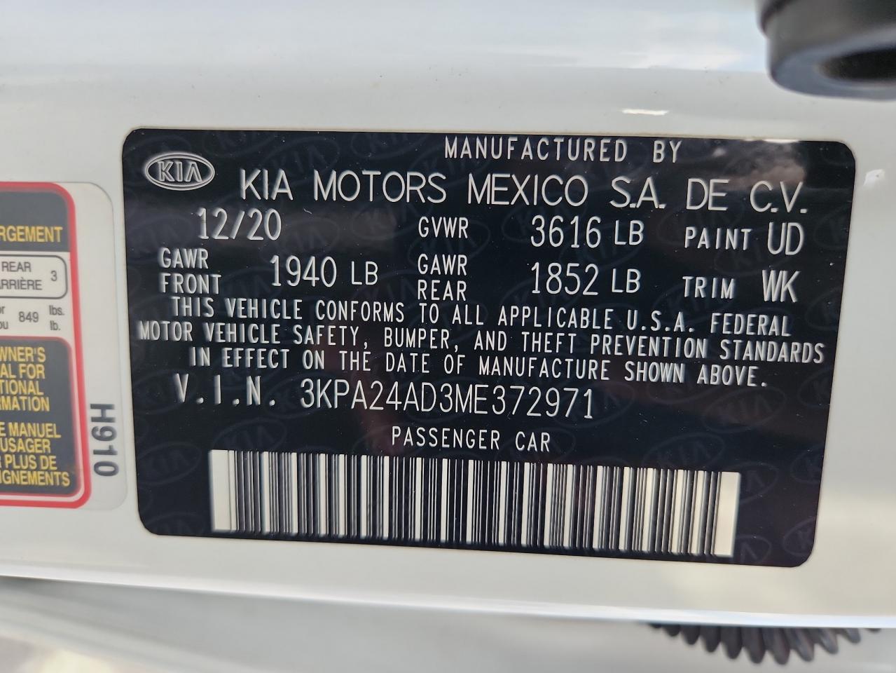 2021 Kia Rio Lx VIN: 3KPA24AD3ME372971 Lot: 82427375