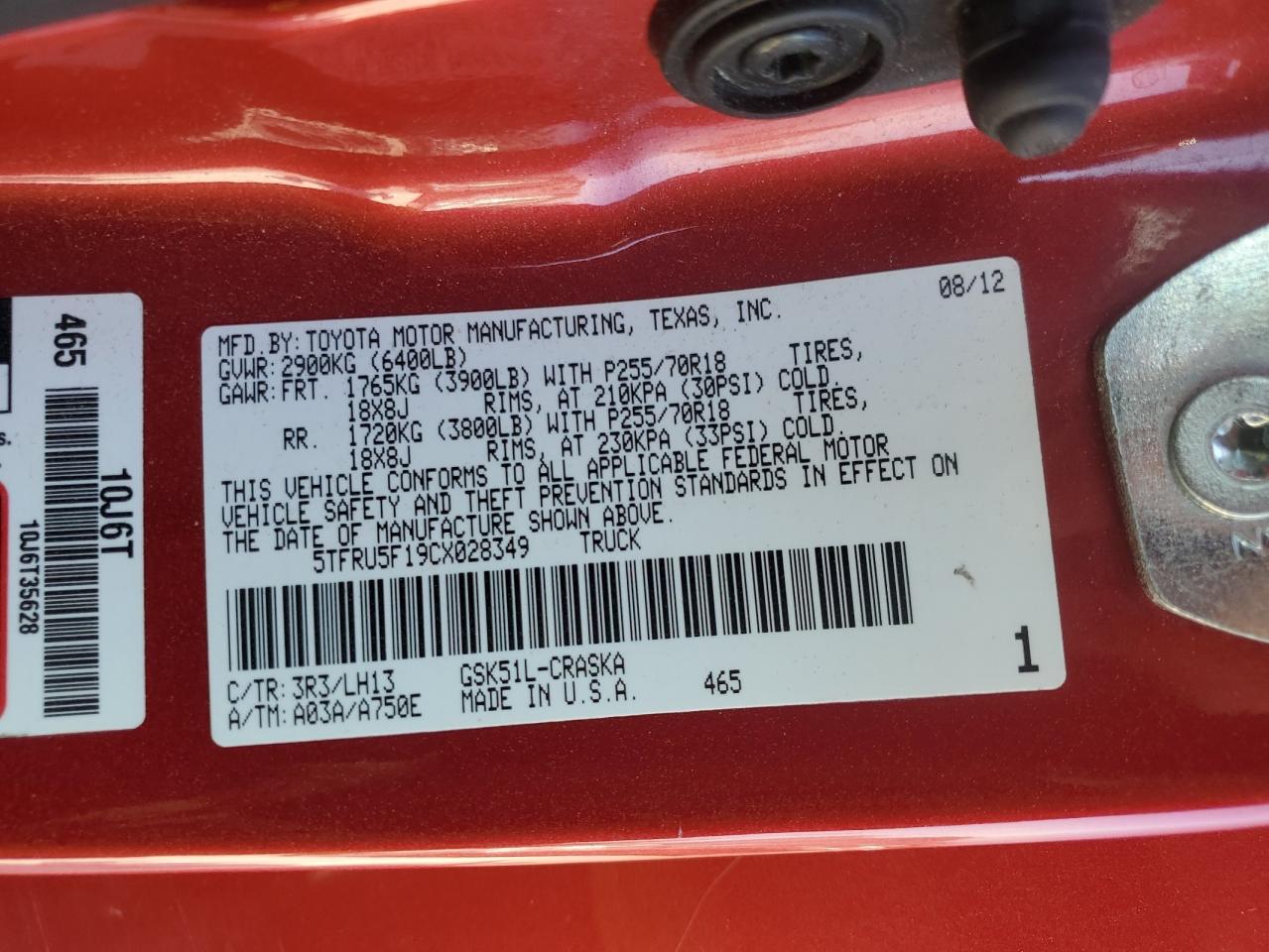 2012 Toyota Tundra Double Cab Sr5 VIN: 5TFRU5F19CX028349 Lot: 84969795