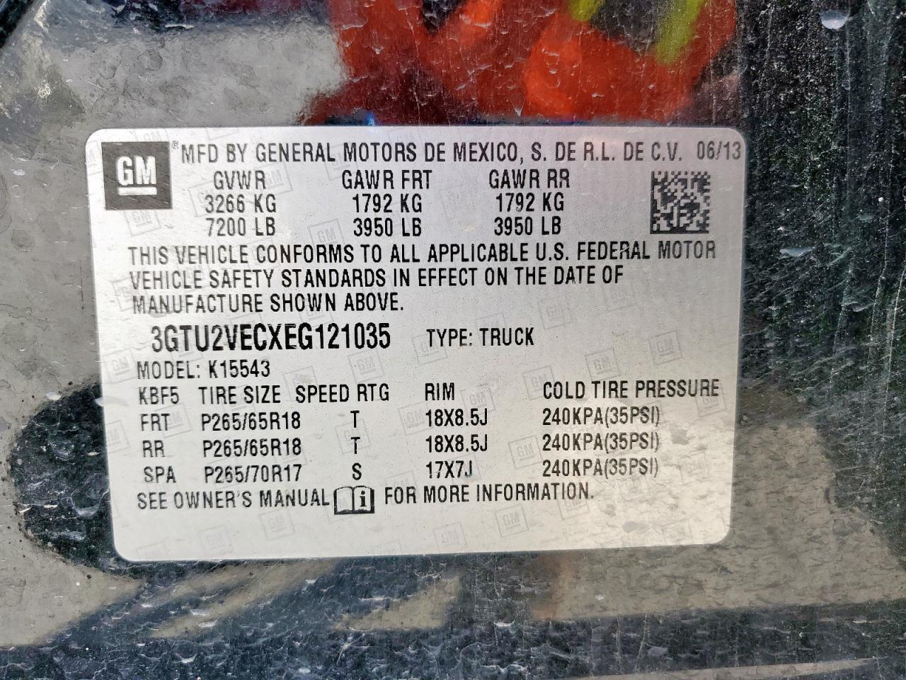 2014 GMC Sierra K1500 Slt VIN: 3GTU2VECXEG121035 Lot: 89712765