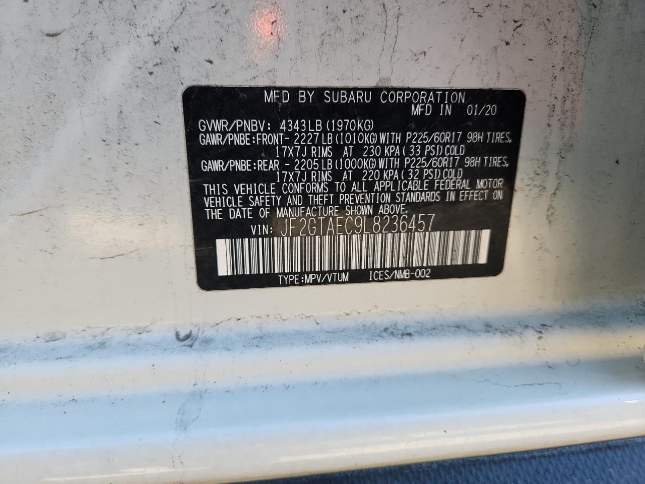 2020 Subaru Crosstrek Premium VIN: JF2GTAEC9L8236457 Lot: 85353385