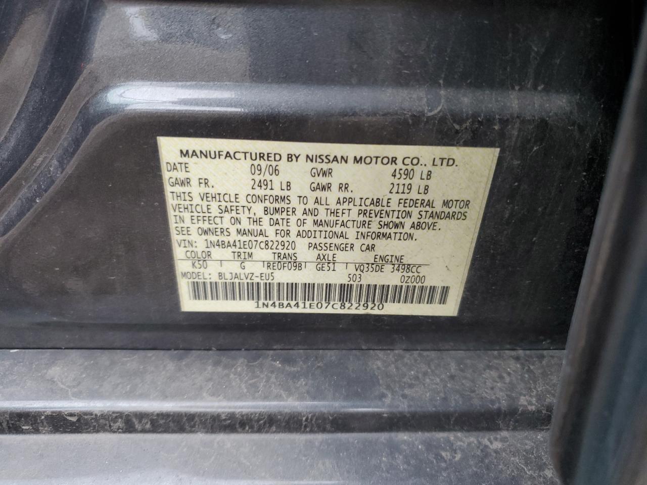 2007 Nissan Maxima Se VIN: 1N4BA41E07C822920 Lot: 82684015