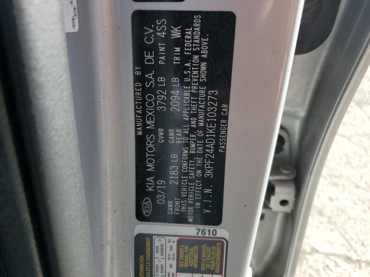 2019 Kia Forte Fe VIN: 3KPF24AD1KE103273 Lot: 84995375