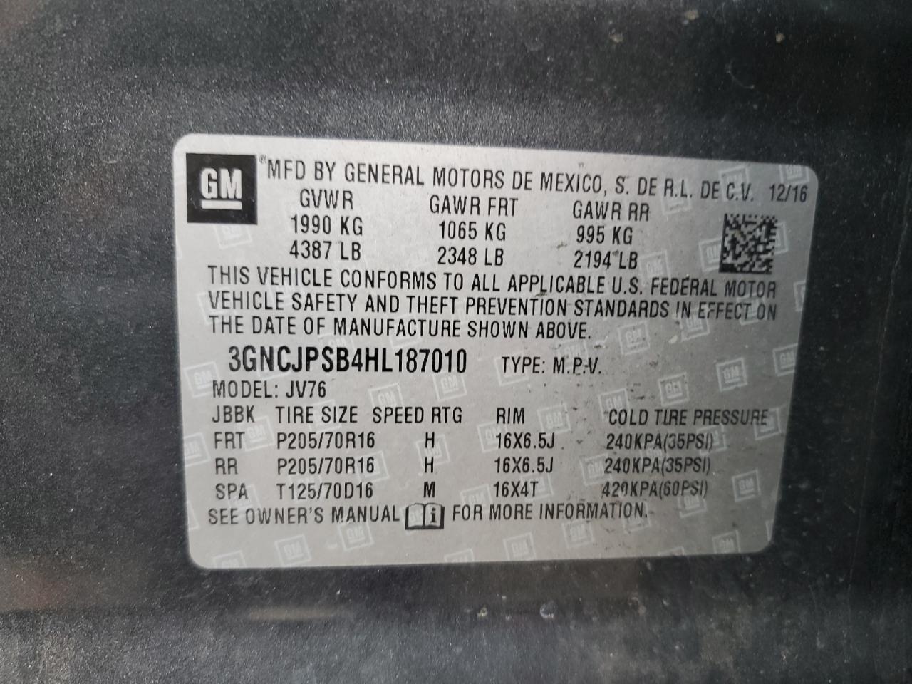 2017 Chevrolet Trax 1Lt VIN: 3GNCJPSB4HL187010 Lot: 82394155