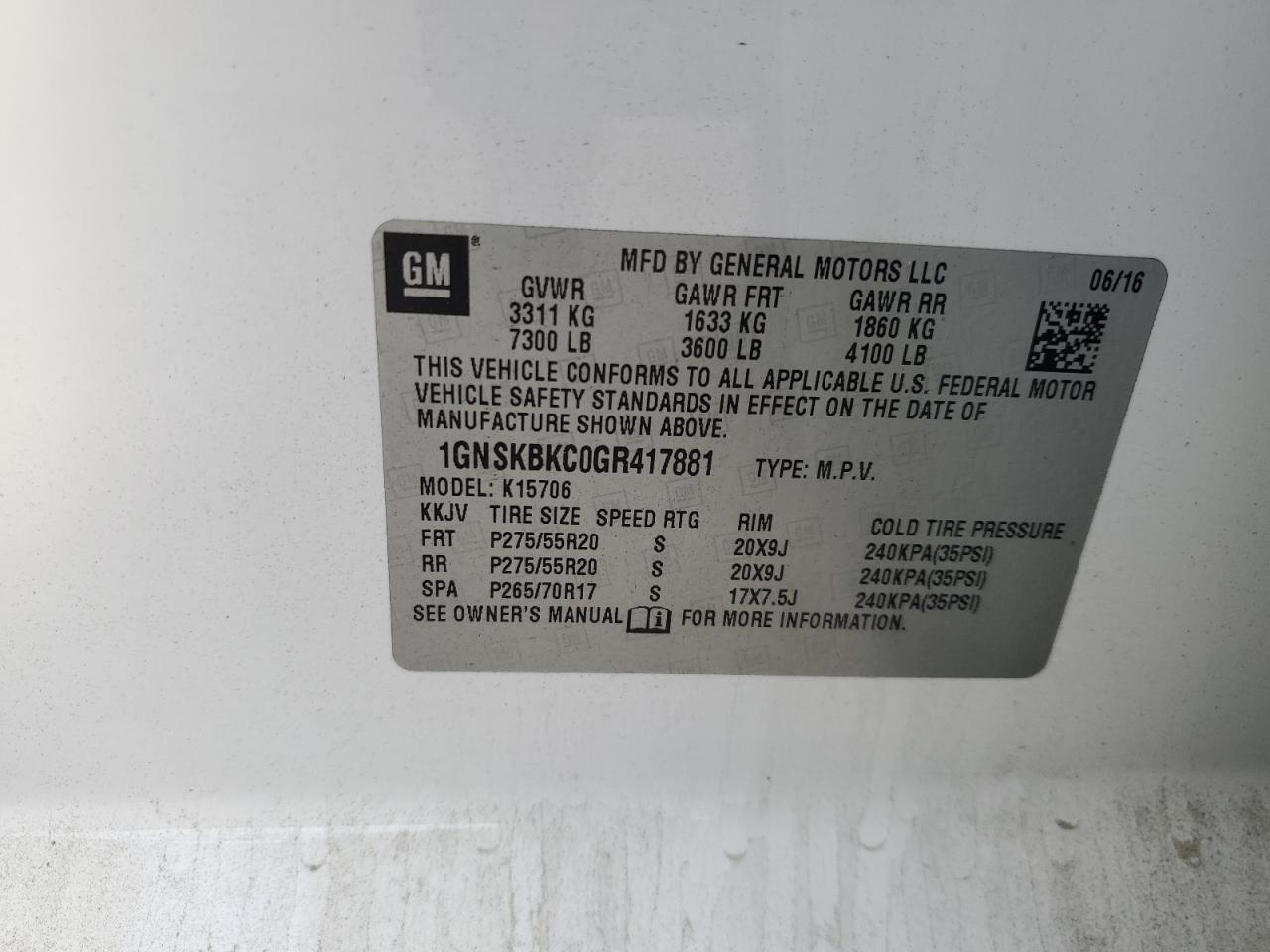 2016 Chevrolet Tahoe K1500 Lt VIN: 1GNSKBKC0GR417881 Lot: 85911185