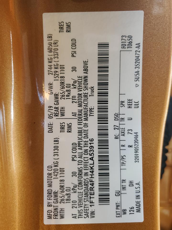 2019 Ford Ranger Xl VIN: 1FTER4FH4KLA53916 Lot: 91129665