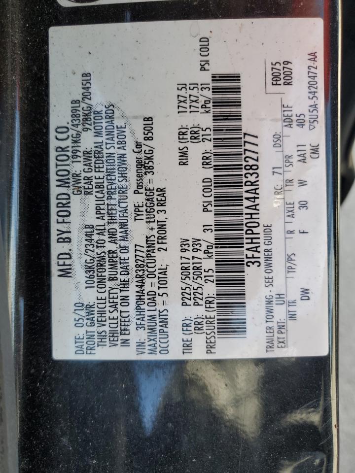 2010 Ford Fusion Se VIN: 3FAHP0HA4AR382777 Lot: 82485095