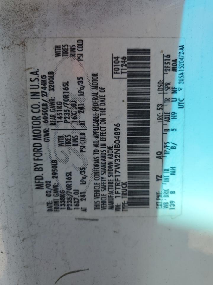 2002 Ford F150 VIN: 1FTRF17W32NB04896 Lot: 85305155