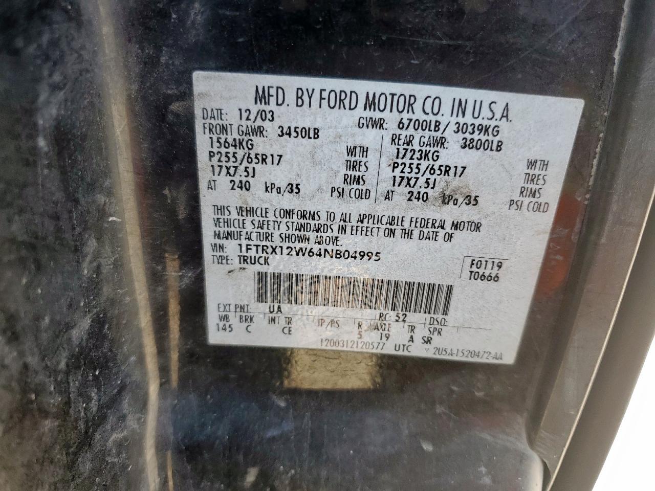 2004 Ford F150 VIN: 1FTRX12W64NB04995 Lot: 84972875