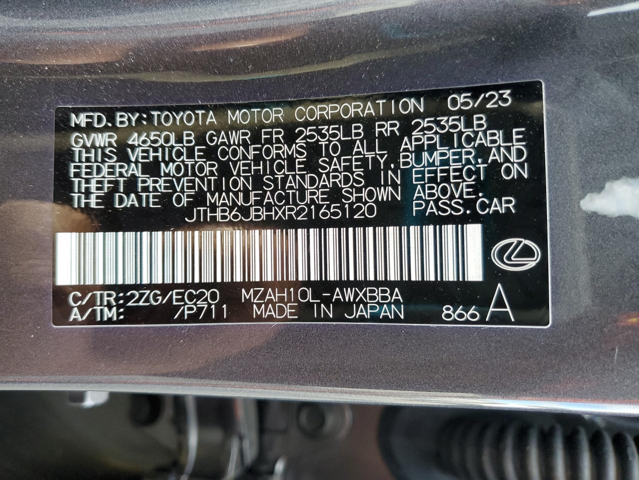 2024 Lexus Ux 250H Base VIN: JTHB6JBHXR2165120 Lot: 85855175