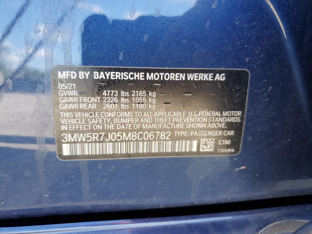 2021 BMW 330Xi VIN: 3MW5R7J05M8C06782 Lot: 93182205