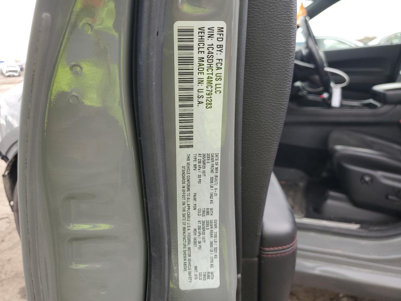 2021 Dodge Durango R/T VIN: 1C4SDHCT4MC791283 Lot: 90918615