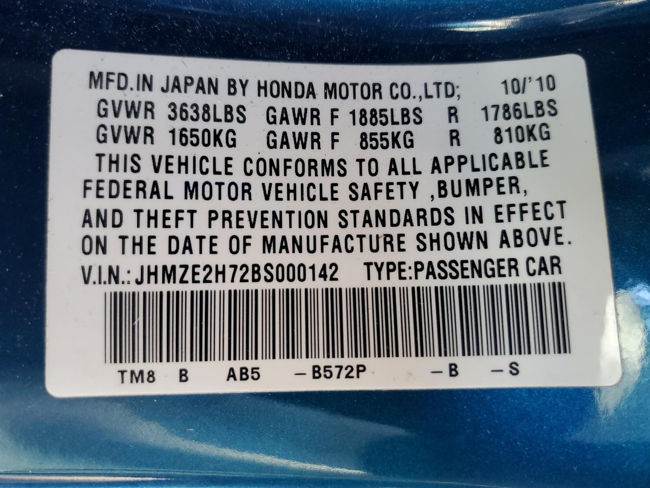 2011 Honda Insight Ex VIN: JHMZE2H72BS000142 Lot: 86812575