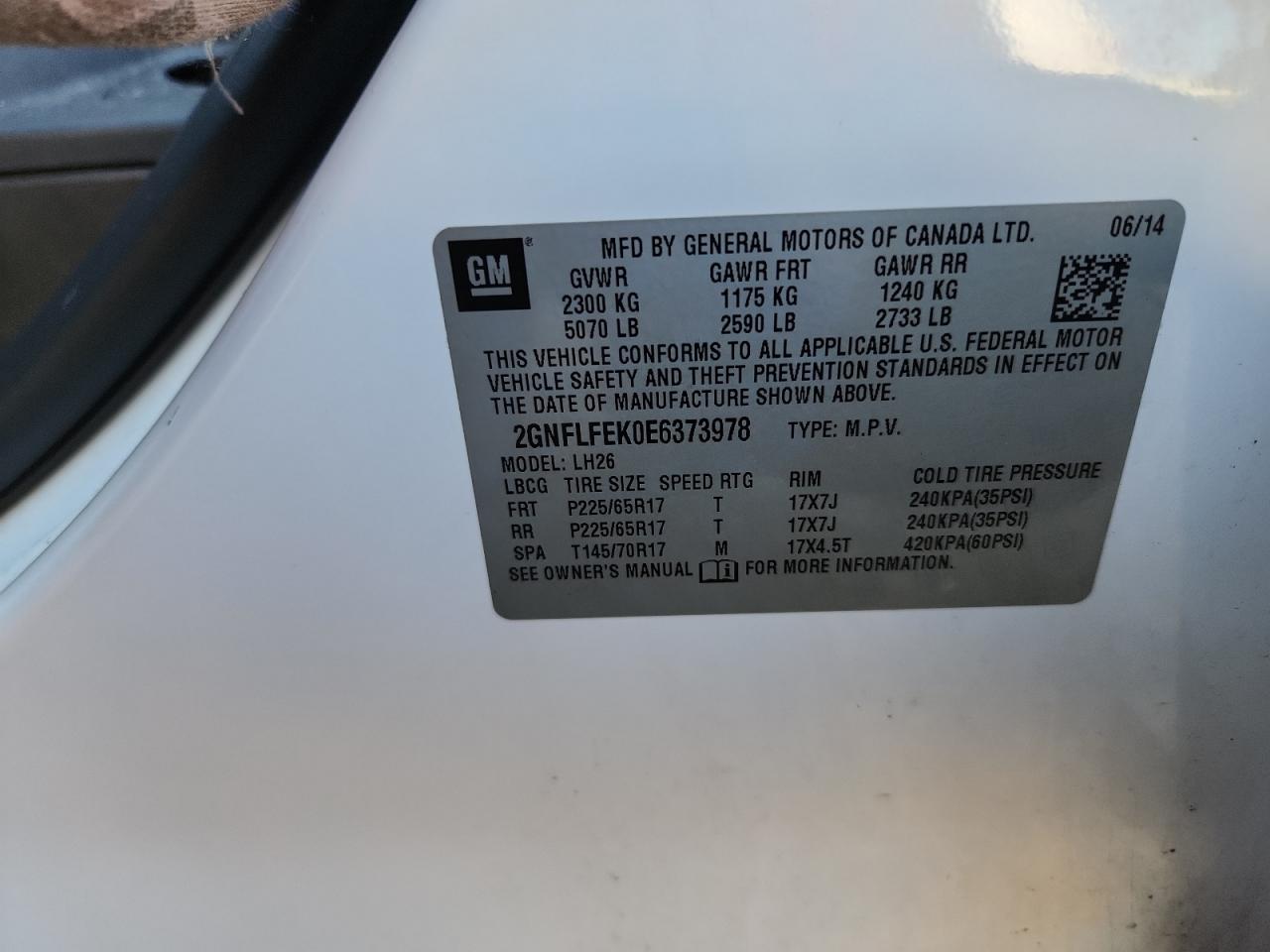 2014 Chevrolet Equinox Lt VIN: 2GNFLFEK0E6373978 Lot: 82343135