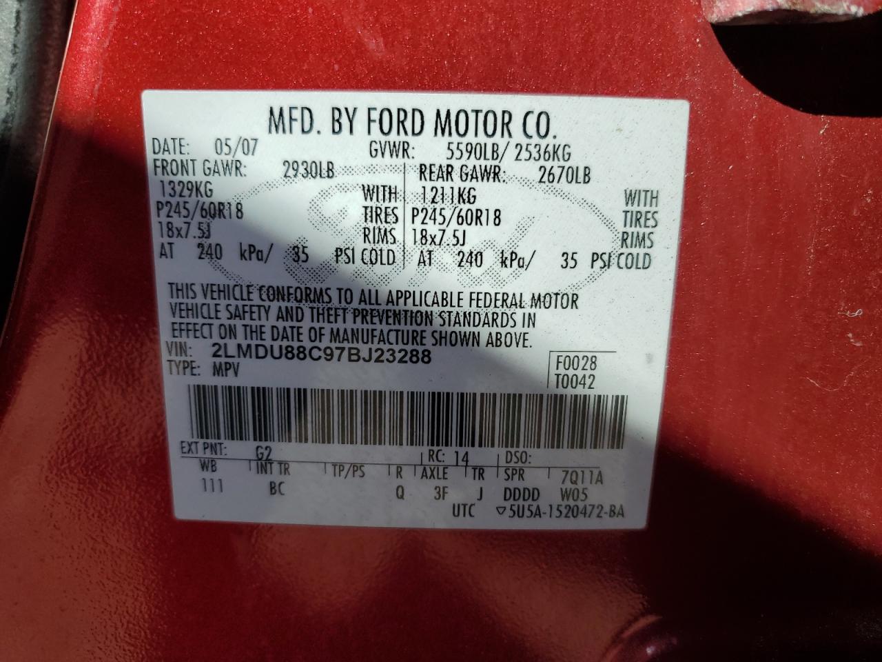 2007 Lincoln Mkx VIN: 2LMDU88C97BJ23288 Lot: 89706425