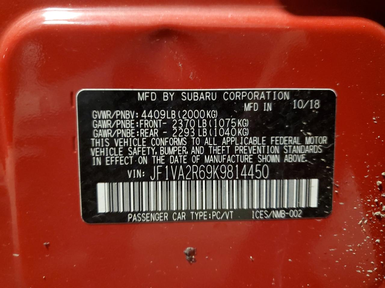 2019 Subaru Wrx Sti VIN: JF1VA2R69K9814450 Lot: 86982935