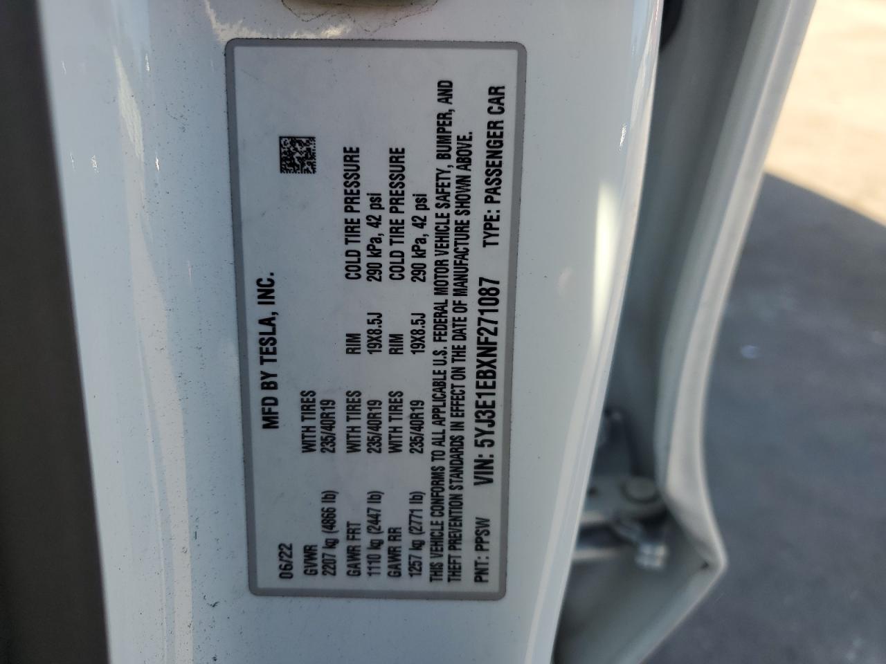 2022 Tesla Model 3 VIN: 5YJ3E1EBXNF271087 Lot: 90342265