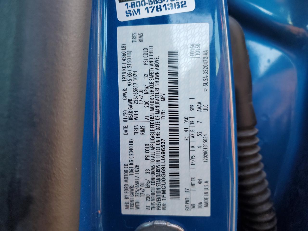 2020 Ford Escape Se VIN: 1FMCU0G69LUA96537 Lot: 86184735