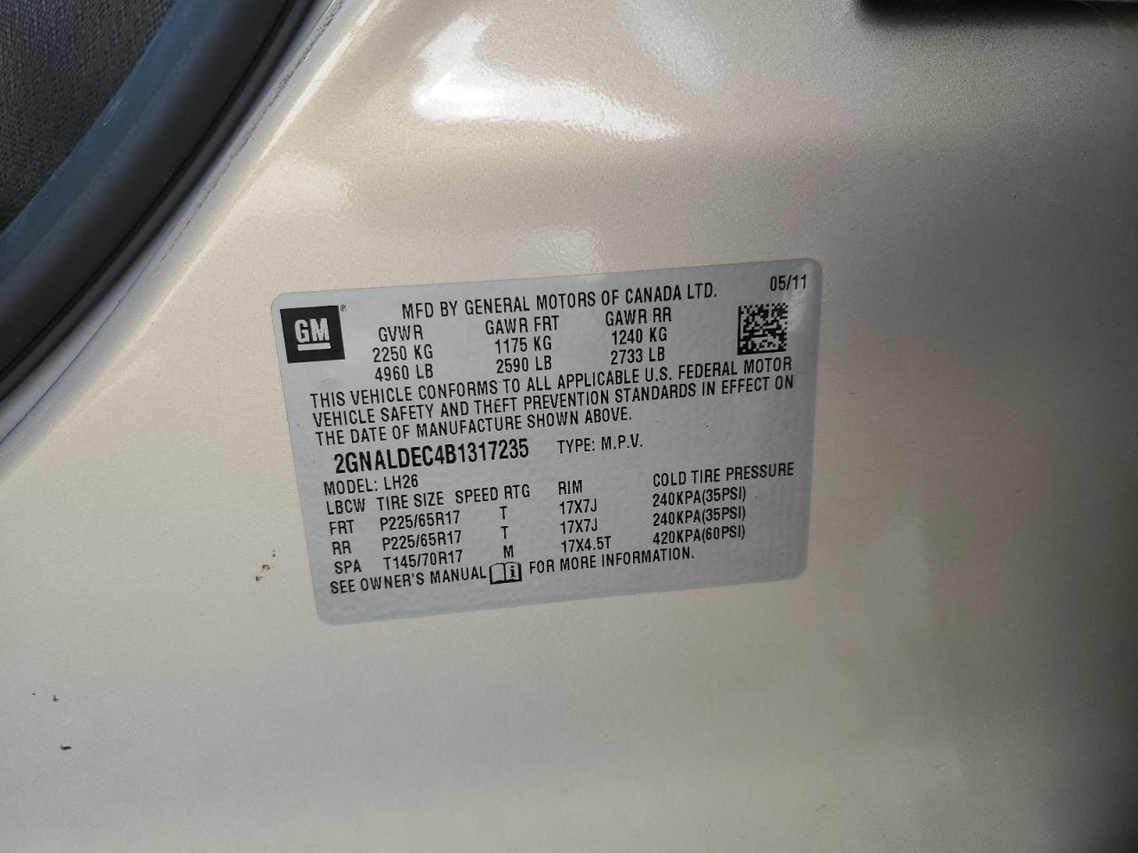 2011 Chevrolet Equinox Lt VIN: 2GNALDEC4B1317235 Lot: 84959925