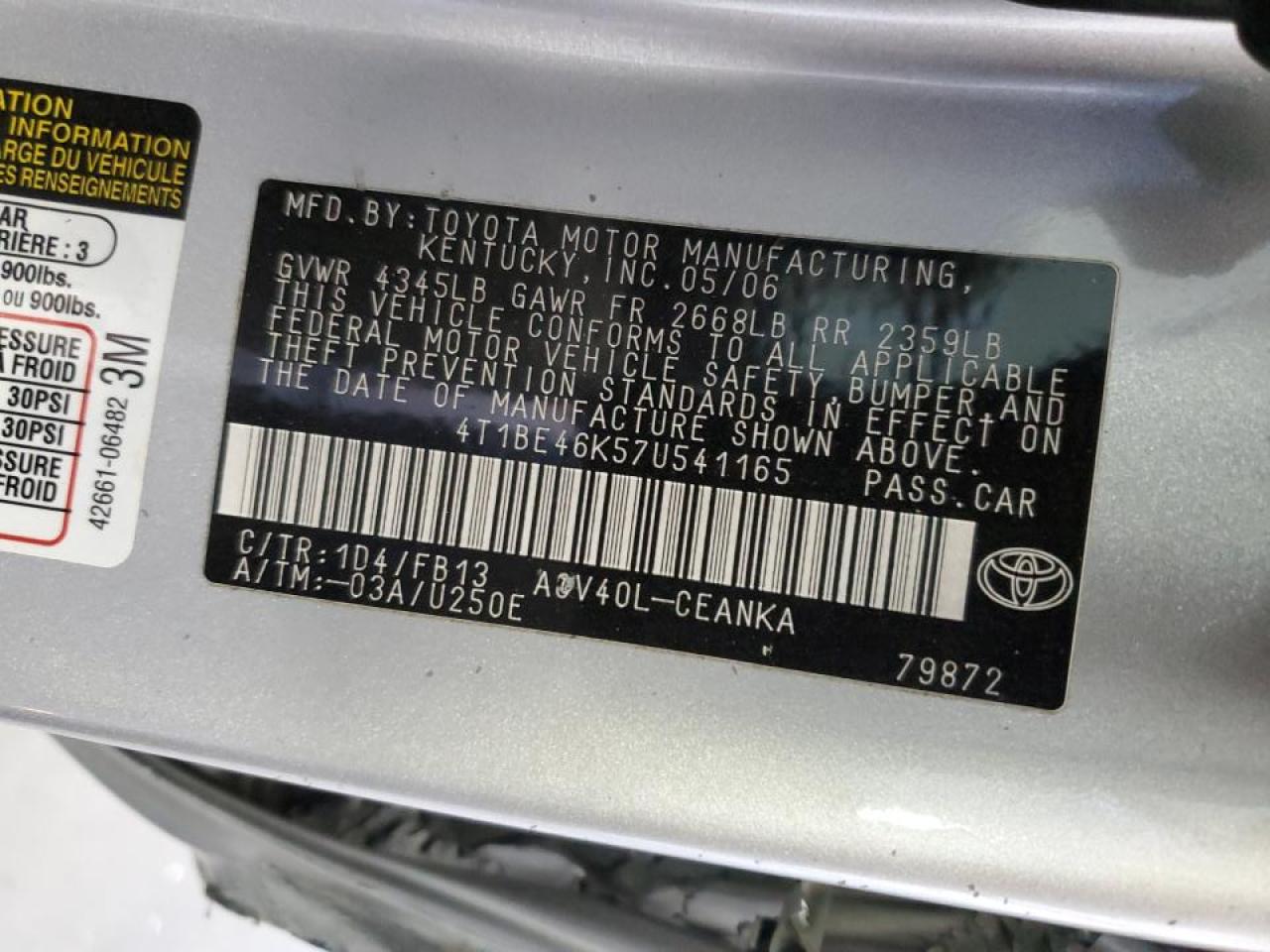 2007 Toyota Camry Ce VIN: 4T1BE46K57U541165 Lot: 82333615